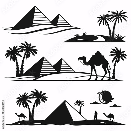 Egyptian pyramids desert oasis palm trees camel caravan