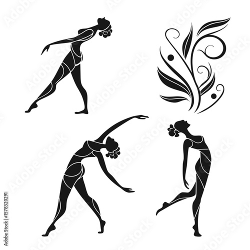 Elegant dancers in motion with floral embellishments
