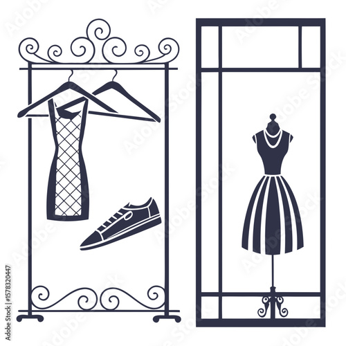Fashion display with dresses and shoe clothing mannequin