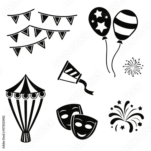Festival icons balloons fireworks circus tent masks