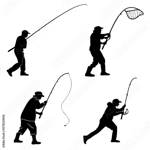 Fishermen silhouettes casting and netting fishing fisherman