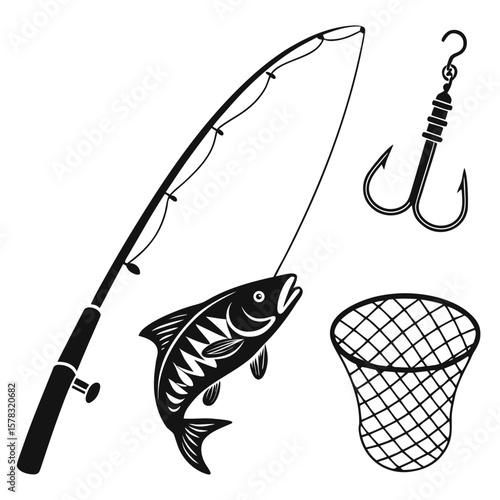 Fishing rod hook net and caught fish vector