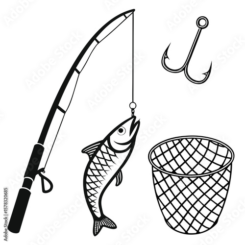 Fishing rod hook net and caught fish vector