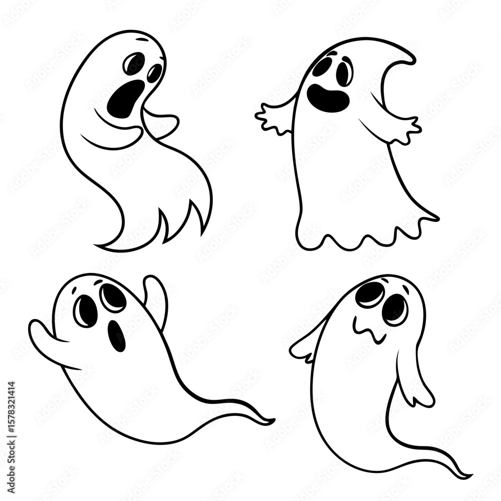Obraz premium Four cartoon ghosts floating with expressive faces