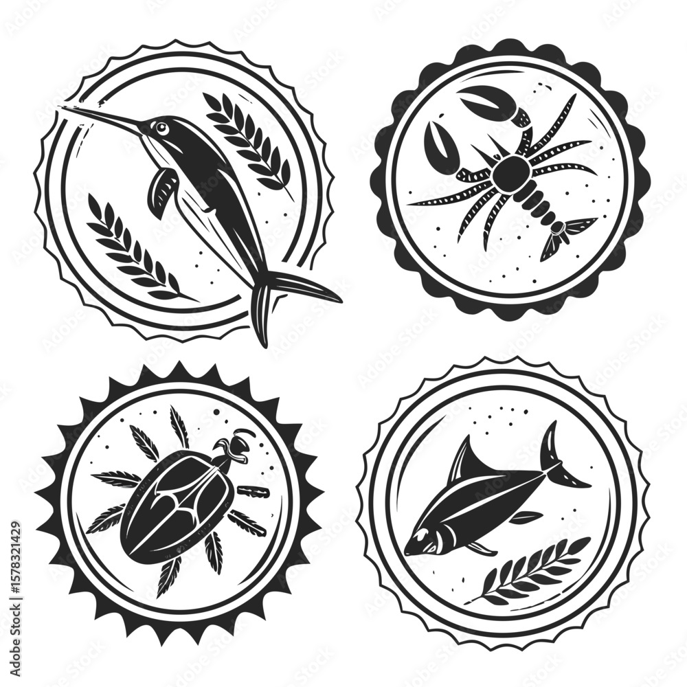 Fototapeta premium Four circular emblems with marine life and insects