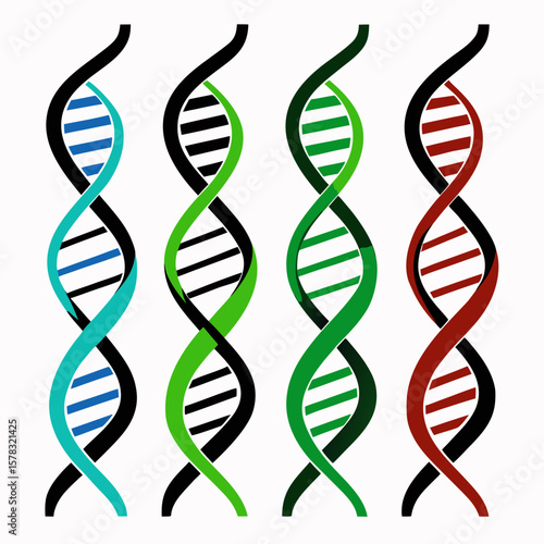 Four colorful abstract D N A strands helix science