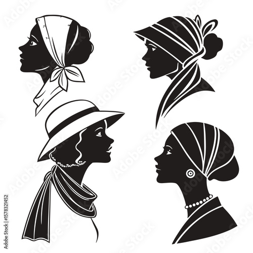 Four elegant female profiles adorned with headscarves and hats