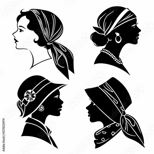 Four elegant female profiles with headwear and accessories