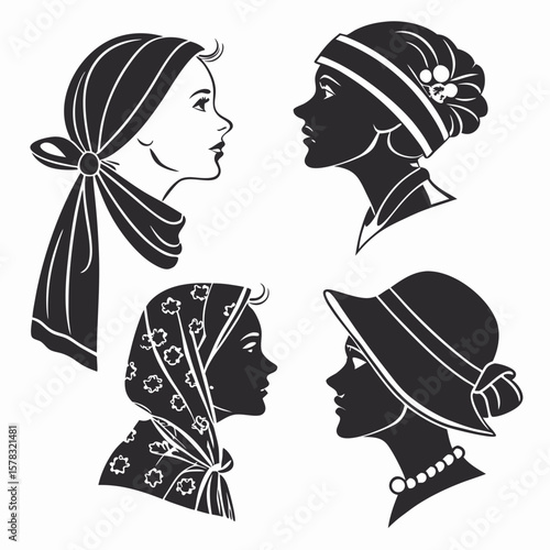 Four female silhouettes wearing headscarves and hats