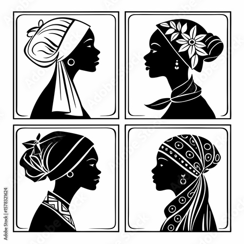 Four women profiles wearing headscarves and shawls