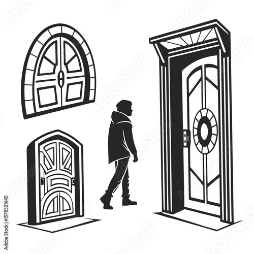 Futuristic doorways and walking figure sci fi portal