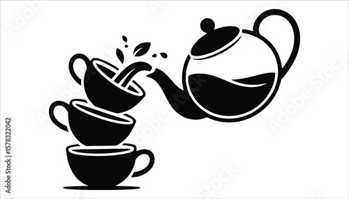 Tea Pouring into Cups Black and White Silhouette
