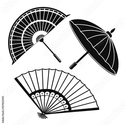 Japanese fans and umbrella folding umbrella black and white