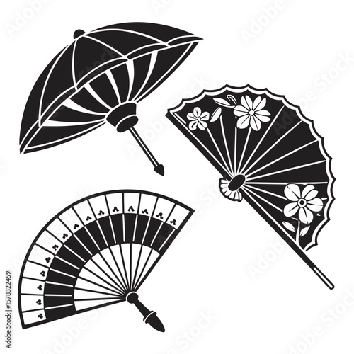 Japanese fans and umbrella with floral motifs folding fan