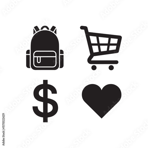 Collection of black silhouette icons including a backpack shopping cart dollar sign and heart isolated on white background silhouette