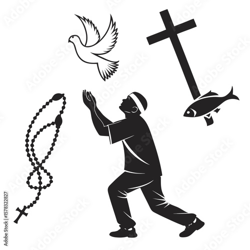 Man praying with dove cross and fish symbols christianity