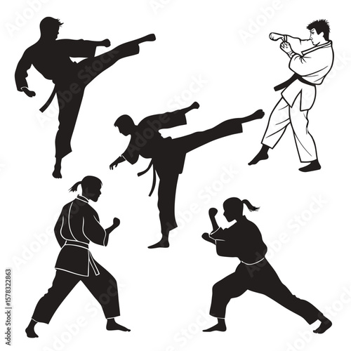 Martial artists performing dynamic kicks and punches