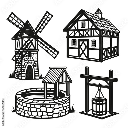 Medieval village structures windmill well water bucket