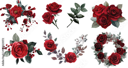 Elegant Watercolor Red Roses and Greenery Isolated on White Background Set