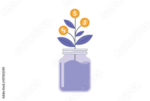 Money plant in jar, growth and financial investment concept vector illustration.