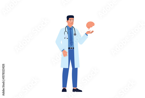 Neurologist doctor holding brain, mental health expert vector illustration.