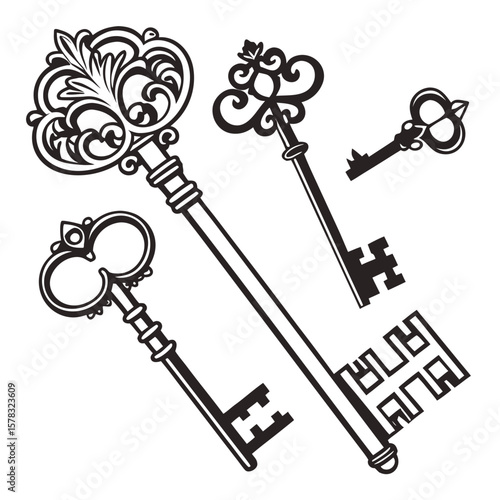 Ornate antique keys black silhouette collection ornate keys