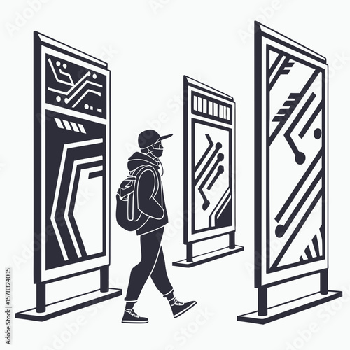 Person viewing futuristic circuit displays vector