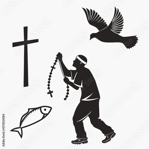Praying man holding rosary with dove and cross christianity