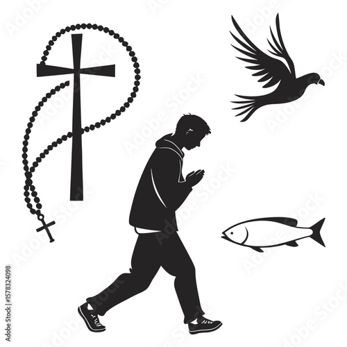Praying person cross rosary dove fish christianity