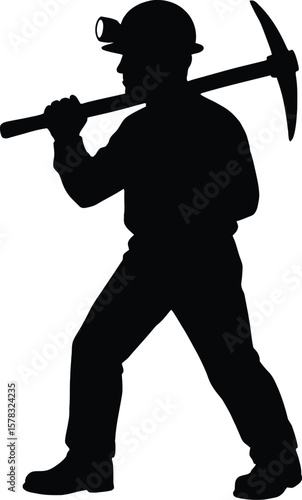 A full body silhouette of a miner holding a pickaxe