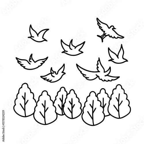 Continuous Flow Birds Flying Above Trees Representing Wildlife Habitat In Eco Forest Line Drawing