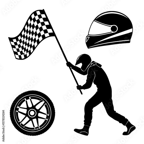 Racing driver with checkered flag helmet and wheel