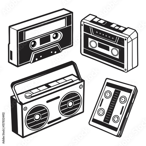 Retro cassette tapes and boombox music player audio