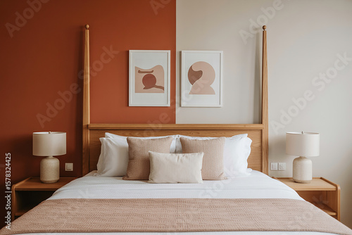 Modern bedroom with a four poster bed and abstract art on a split color wall