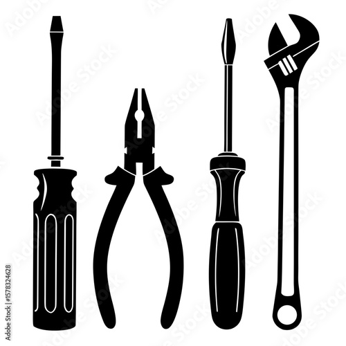 Screwdrivers and pliers wrench silhouettes tool repair