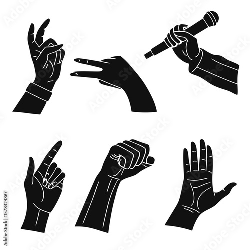 Six black line art hands gesturing on white gestures