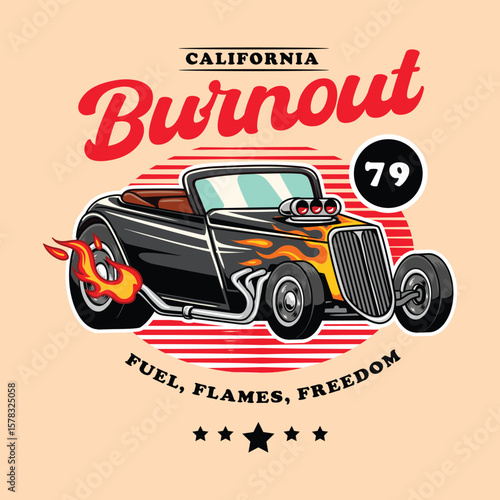 Classic black hot drag car convertible with flame decals with Burnout typography illustration