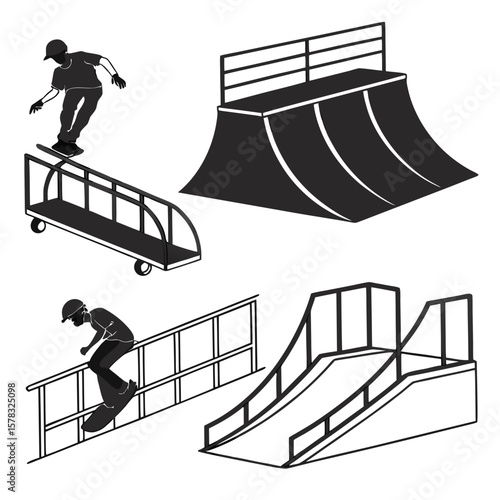 Skateboarding silhouettes on white background skatepark