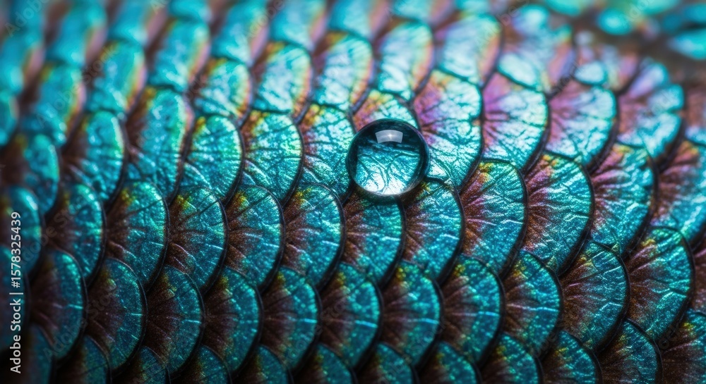 Obraz premium Iridescent Scales and Water Droplet,Macro View of Fish Scales with a Single Water Droplet Emphasizing Texture