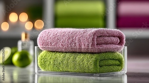 Elegant Pink and Green Bath Towels Displayed in a Clear Plastic Container, Home Decor, Indoor Setting, Close-Up View