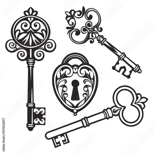 Vintage keys and lock silhouettes antique padlock
