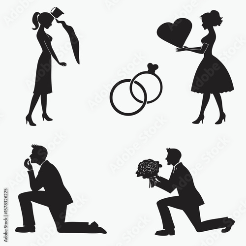 Wedding couple heart rings proposal bouquet vector