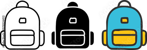 Three backpacks in a row: one outlined, one solid black, and one colored blue and yellow.
