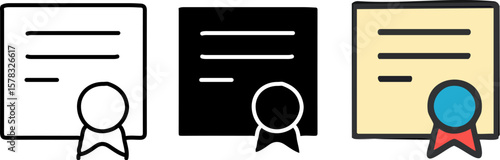 Three certificate icons: outline, solid black, and colorized with a seal.
