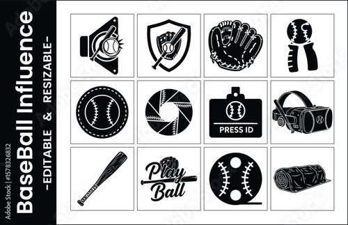 Black And White Baseball Icon Set Representing Sport Gear And Baseball Elements Design