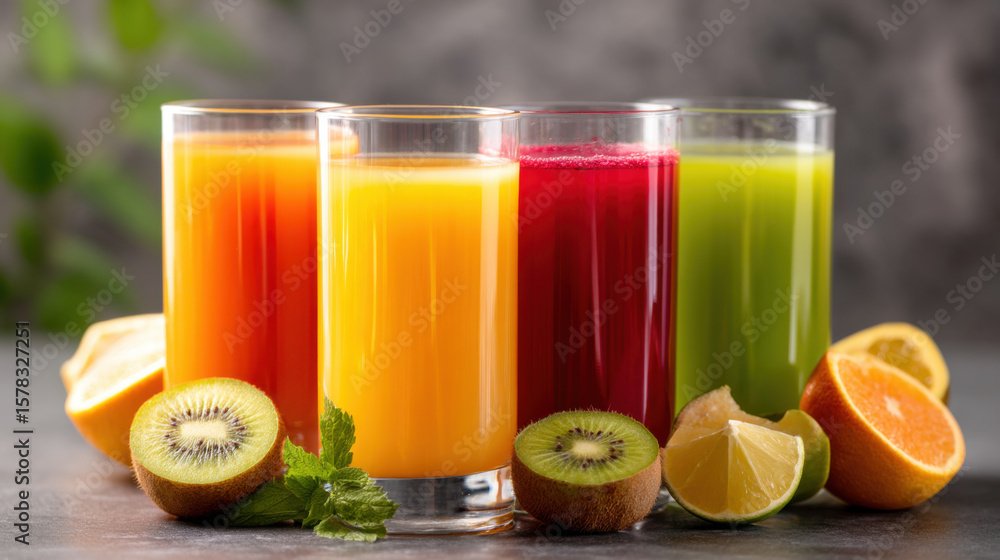 Fototapeta premium Four glasses of fresh fruit juices in orange, yellow, red, and green colors, surrounded by kiwi, lemon, and orange slices on a dark surface.