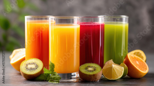 Four glasses of fresh fruit juices in orange, yellow, red, and green colors, surrounded by kiwi, lemon, and orange slices on a dark surface.
