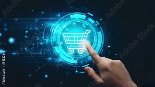 dark tech-style close-up of hand tapping holographic glowing shopping cart icon digital interface with sparkles 