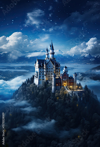 A castle under a starry night sky