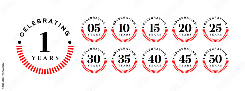 custom made wallpaper toronto digitalTen circular logos celebrate 5, 10, 15, 20, 25, 30, 35, 40, 45, and 50 years with red stripes and black text on a white background.